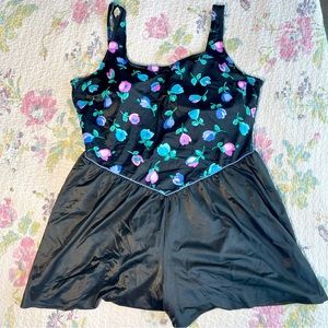 Vintage Floral & Black Skirted Bathing Suit (XL)